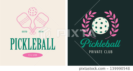 Pickleball club logo and poster template with crossed paddles, ball, laurel wreath and vintage 139990548
