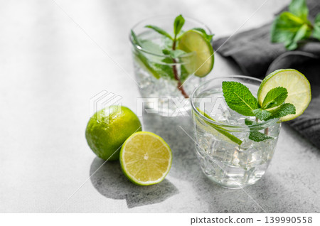 A fresh mojito with lime, mint and ice in glasses. Citrus lemonade on a concrete background A fresh mojito with lime, mint and ice in glasses. Citrus lemonade on a concrete background 139990558