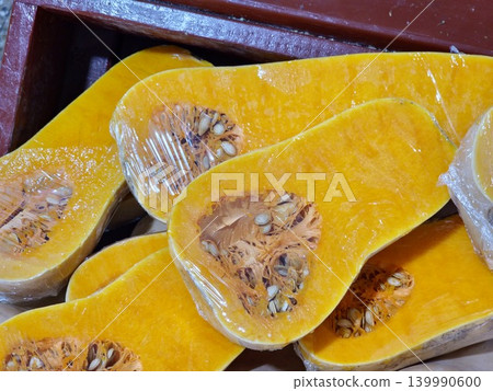 Close up of cut butternut squash with seeds Close up of cut butternut squash with seeds 139990600