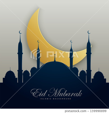 eid mubarak illustration with mosque silhouette and golden moon eid mubarak illustration with mosque silhouette and golden moon 139990899