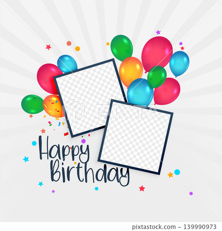 happy birthday card with photo frame and balloons 139990973