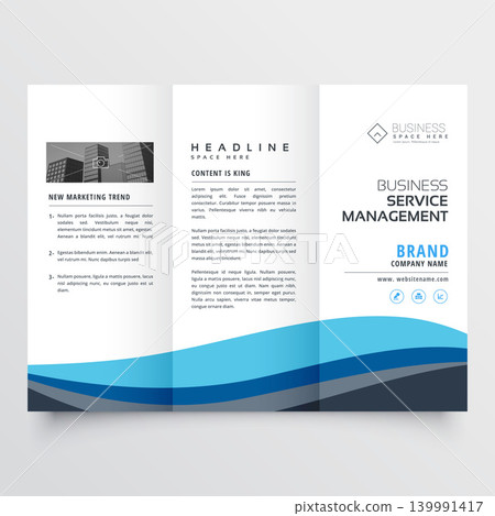 modern trifold leaflet brochure design in blue wave shape modern trifold leaflet brochure design in blue wave shape 139991417