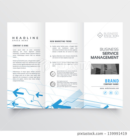 blue arrow design on trifold business brochure blue arrow design on trifold business brochure 139991419