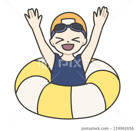 A smiling girl with her arms raised, inside a yellow and white inflatable ring. 139992656