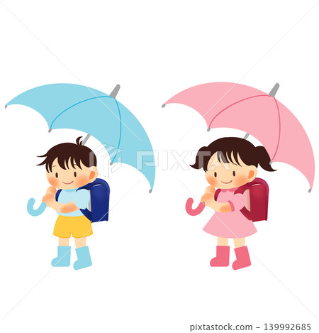 一幅插圖,描繪了一男一女兩位小學生穿著雨靴,撐著傘。 一幅插圖,描繪了一男一女兩位小學生穿著雨靴,撐著傘。 139992685