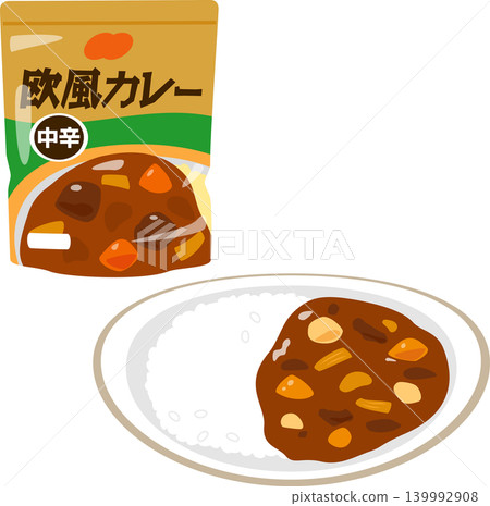 A retort pouch of curry and curry rice served on a plate. A retort pouch of curry and curry rice served on a plate. 139992908