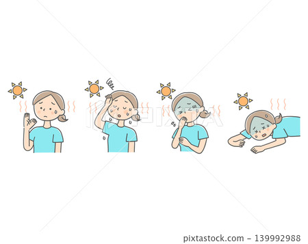 Illustration set depicting the worsening symptoms of heatstroke in a young woman. Illustration set depicting the worsening symptoms of heatstroke in a young woman. 139992988