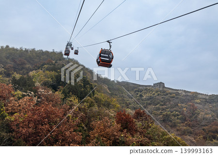 Cable cars transporting tourists onto the Mutianyu section of the Great Wall of China Cable cars transporting tourists onto the Mutianyu section of the Great Wall of China 139993163