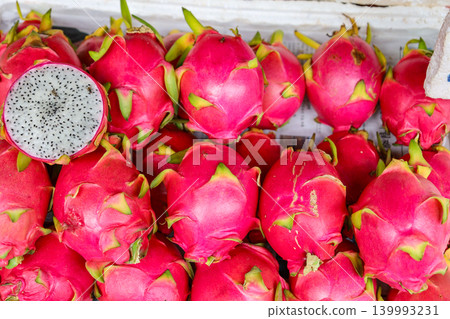 Dragon fruit sold in a Thai market Dragon fruit sold in a Thai market 139993231