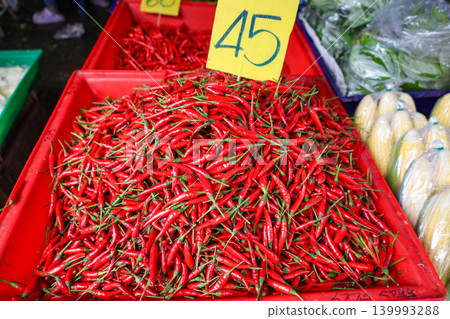 Red chili peppers sold in Thai markets 139993288