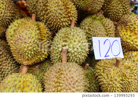 Durian sold in a Thai market Durian sold in a Thai market 139993293