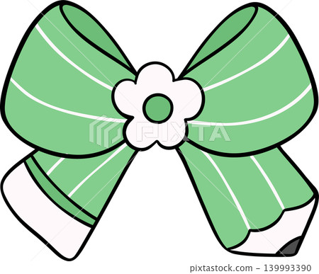Cute Green Pencil Bow with Flowers Hand Drawn Doodle, pencil in Bow Shaped Cute Green Pencil Bow with Flowers Hand Drawn Doodle, pencil in Bow Shaped 139993390