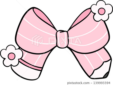 Pink Pencil Bow with Flowers Hand Drawn Doodle, pencil in Bow Shaped Pink Pencil Bow with Flowers Hand Drawn Doodle, pencil in Bow Shaped 139993394