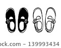 A set of monochrome line drawings of hand-drawn women's shoes and strappy shoes, retro and cute fashion materials. 139993434