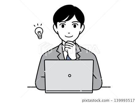 A monochrome illustration of a young man in a suit getting an idea while looking at a computer screen. A monochrome illustration of a young man in a suit getting an idea while looking at a computer screen. 139993517