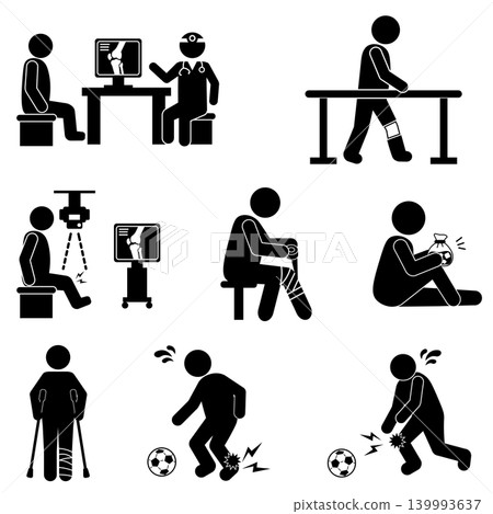 A set of monochrome pictograms illustrating the process from injury to diagnosis, treatment, and rehabilitation for fractures and sports injuries. 139993637