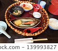An elegant Japanese breakfast beautifully presented in a bamboo basket. 139993827
