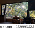A wood-burning stove and sunlight filtering through the trees into the large window. 139993828