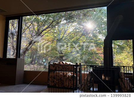 A wood-burning stove and sunlight filtering through the trees into the large window. A wood-burning stove and sunlight filtering through the trees into the large window. 139993828