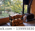 A warm wood-burning stove and firewood placed by the window. 139993830