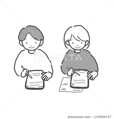 A set of monochrome illustrations of children studying or doing homework on tablets. A set of monochrome illustrations of children studying or doing homework on tablets. 139994257