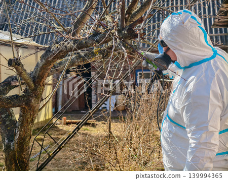 Gardener wearing a protective hazmat suit, respirator, and safety glasses applying pesticide to fruit trees in a garden, providing essential protection against pests and diseases in early spring. Gardener wearing a protective hazmat suit, respirator, and safety glasses applying pesticide to fruit trees in a garden, providing essential protection against pests and diseases in early spring. 139994365