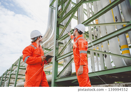 Engineers in gas and oil industry inspecting pipeline structure at refinery using digital tablet Engineers in gas and oil industry inspecting pipeline structure at refinery using digital tablet 139994552