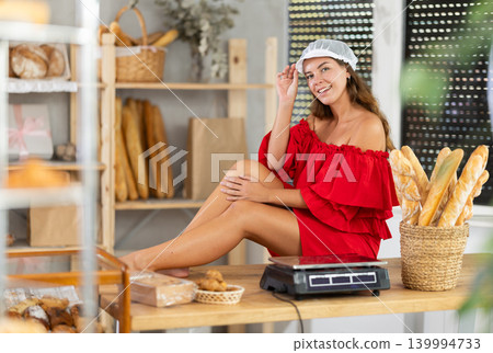 Smiling young woman in red dress sitting on bakery counter Smiling young woman in red dress sitting on bakery counter 139994733