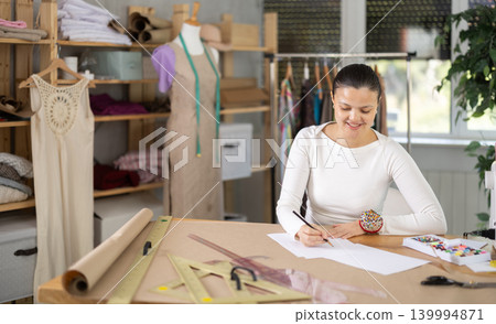 Creative female seamstress designer drawing sketches on paper while sewing dress at workplace in fashion sewing workshop Creative female seamstress designer drawing sketches on paper while sewing dress at workplace in fashion sewing workshop 139994871