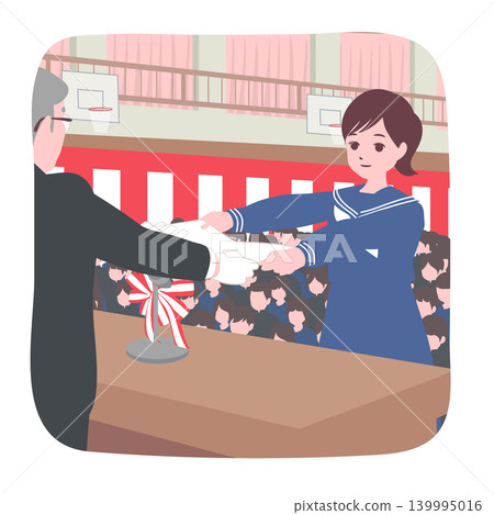 【人生階段】一位女畢業生在台上從校長手中接過畢業證書的插畫。 【人生階段】一位女畢業生在台上從校長手中接過畢業證書的插畫。 139995016