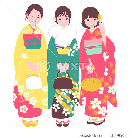 [Life Stage] Illustration of a woman celebrating her coming of age while wearing a furisode kimono. 139995021