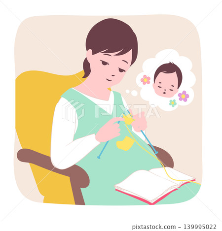 [Life Stage] Illustration of a pregnant woman on maternity leave knitting for her unborn child. 139995022