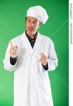 Experienced chef invites you to online training on a green background Experienced chef invites you to online training on a green background 139995149