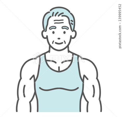 一位健康、肌肉發達的老年男性的上半身插圖(正面,正常姿勢)。 一位健康、肌肉發達的老年男性的上半身插圖(正面,正常姿勢)。 139995452