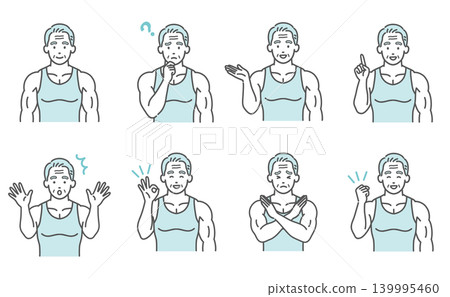 An 8-piece set of illustrations depicting the facial expressions and poses of a muscular senior man (active senior). 139995460