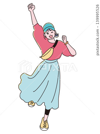 A woman in outdoor fashion jumps for joy. A woman in outdoor fashion jumps for joy. 139995526