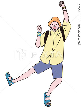 A man in outdoor fashion jumps in joy. A man in outdoor fashion jumps in joy. 139995527