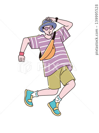 A man in outdoor fashion jumps in joy. A man in outdoor fashion jumps in joy. 139995528