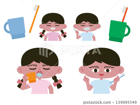 A set of vector illustrations of children brushing their teeth. 139995549