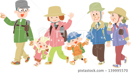 A three-generation family enjoying a hike. A three-generation family enjoying a hike. 139995570