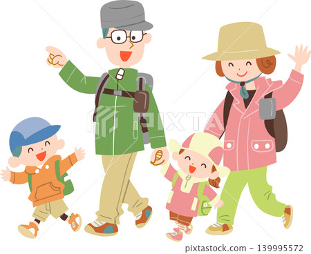一家四口正在徒步旅行。 139995572