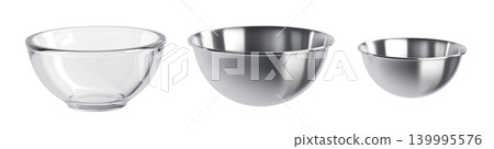 Glass bowl, stainless steel bowl, kitchen tools, 3D illustration, 3D rendering image Glass bowl, stainless steel bowl, kitchen tools, 3D illustration, 3D rendering image 139995576