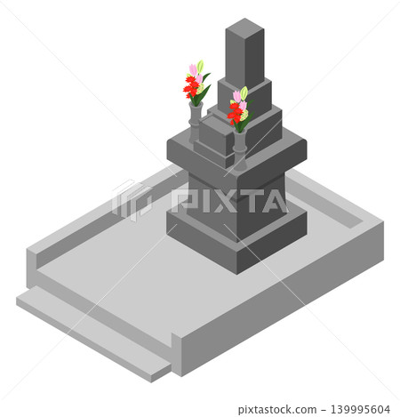 An illustration of a traditional Japanese-style tombstone with no inscription, adorned with brightly colored flowers. An illustration of a traditional Japanese-style tombstone with no inscription, adorned with brightly colored flowers. 139995604