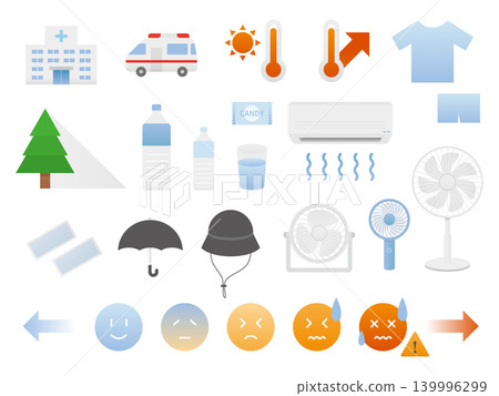 Heatstroke prevention icon set, vector graphics (summer, heat, hydration, disaster prevention, prevention, transparent background, flat). Heatstroke prevention icon set, vector graphics (summer, heat, hydration, disaster prevention, prevention, transparent background, flat). 139996299