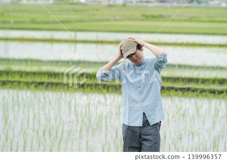 A young rice farmer is at his wit's end. A young rice farmer is at his wit's end. 139996357