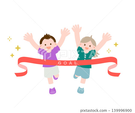 Children crossing the finish line with smiles: Scenes of achievement and joy at sports days and foot races. Children crossing the finish line with smiles: Scenes of achievement and joy at sports days and foot races. 139996900