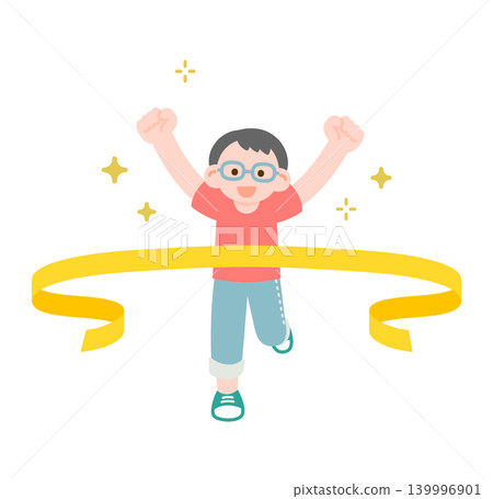 A boy wearing glasses crosses the finish line with a smile. A boy wearing glasses crosses the finish line with a smile. 139996901