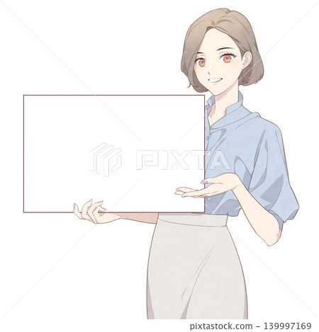 一幅插圖，描繪了一位微笑的女士將手放在木板上。 139997169