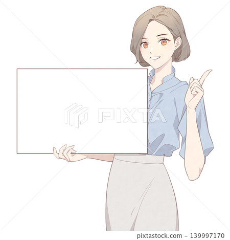 一幅插圖，描繪了一位微笑的女子手持木板（指向）。 139997170