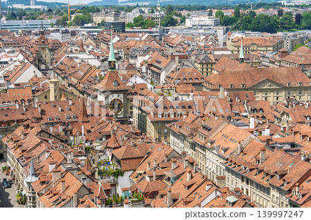 Aerial view of Zytglogge clock tower and red rooftops in old city of Bern, Switzerland 139997247